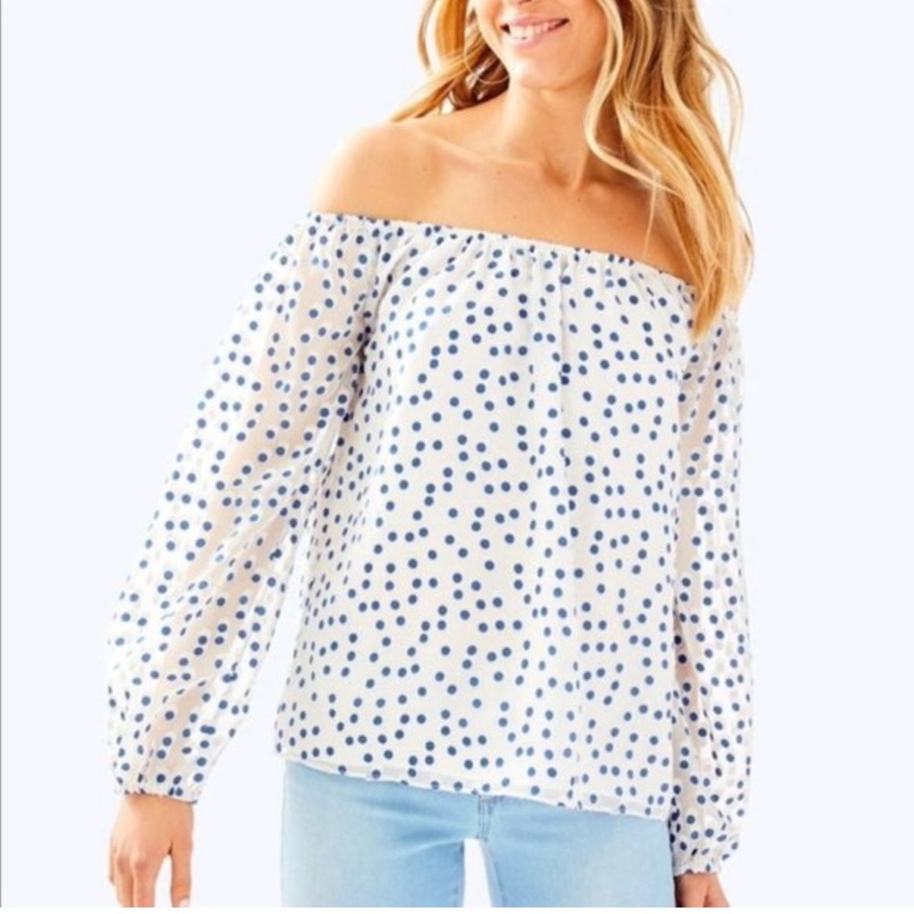 Lilly Pulitzer Lou Lou Off The Shoulder Top Bennet Blue Polka Dot Size: XXS